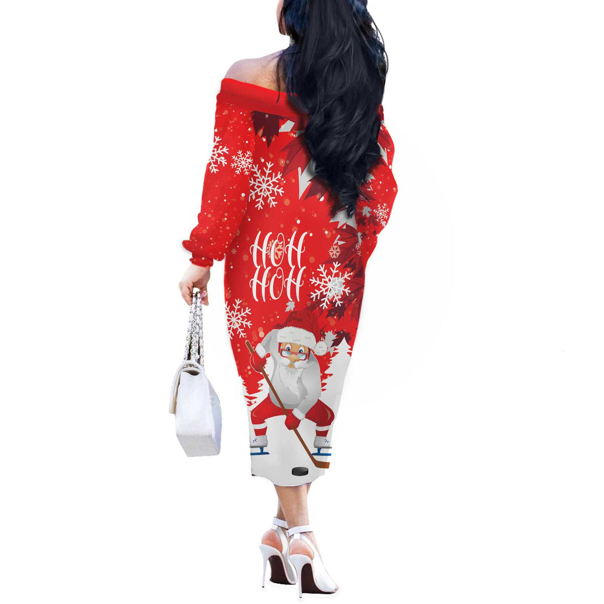 Canada Christmas Off The Shoulder Long Sleeve Dress Santa Play Hockey - Winter Forest - Wonder Print Shop