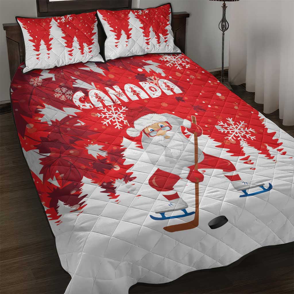 Canada Christmas Quilt Bed Set Santa Play Hockey - Winter Forest - Wonder Print Shop