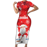 Canada Christmas Short Sleeve Bodycon Dress Santa Play Hockey - Winter Forest - Wonder Print Shop