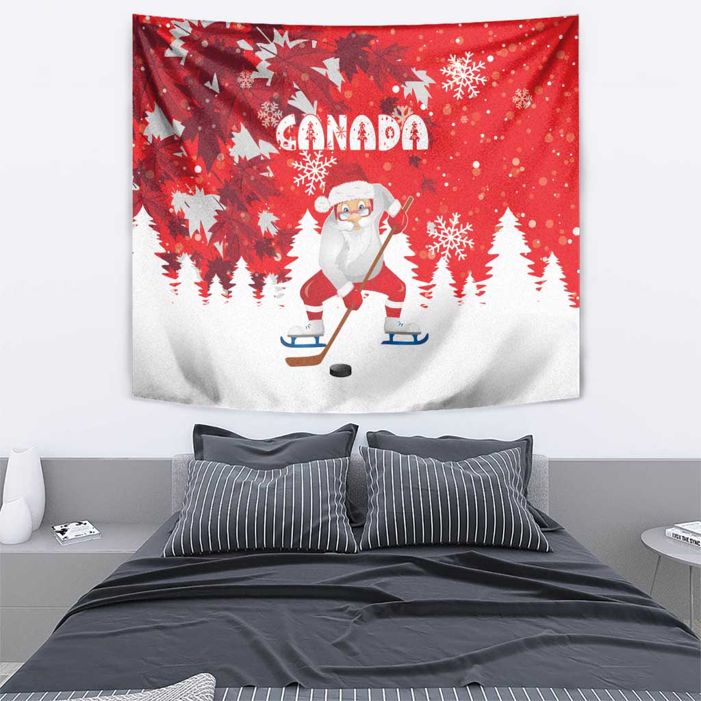 Canada Christmas Tapestry Santa Play Hockey - Winter Forest - Wonder Print Shop