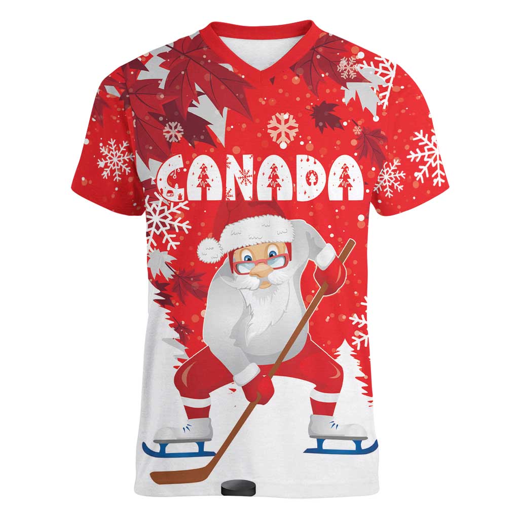 Canada Christmas Women V-Neck T-Shirt Santa Play Hockey - Winter Forest - Wonder Print Shop