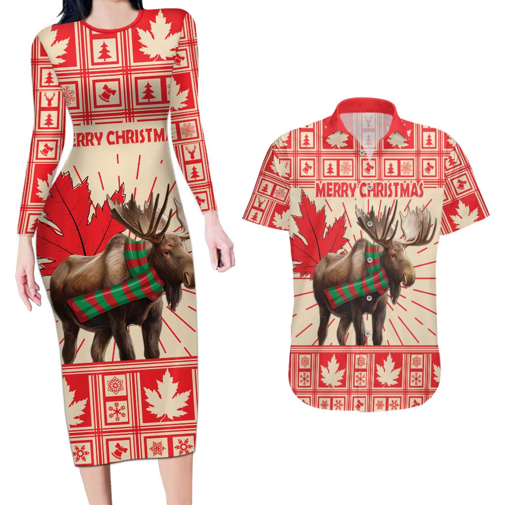 Personalized Canada Moose Couples Matching Long Sleeve Bodycon Dress and Hawaiian Shirt Maple Leaf Christmas Lightning Art - Wonder Print Shop