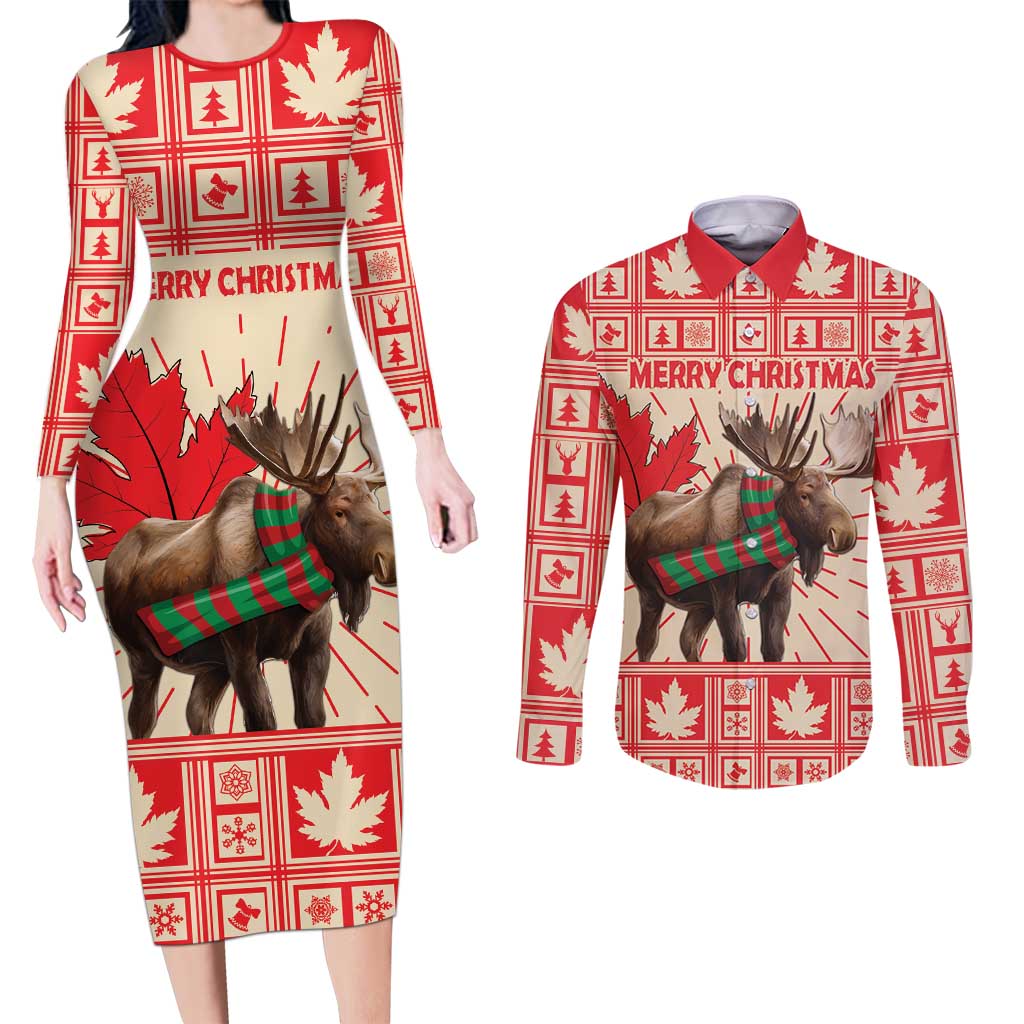 Personalized Canada Moose Couples Matching Long Sleeve Bodycon Dress and Long Sleeve Button Shirt Maple Leaf Christmas Lightning Art - Wonder Print Shop
