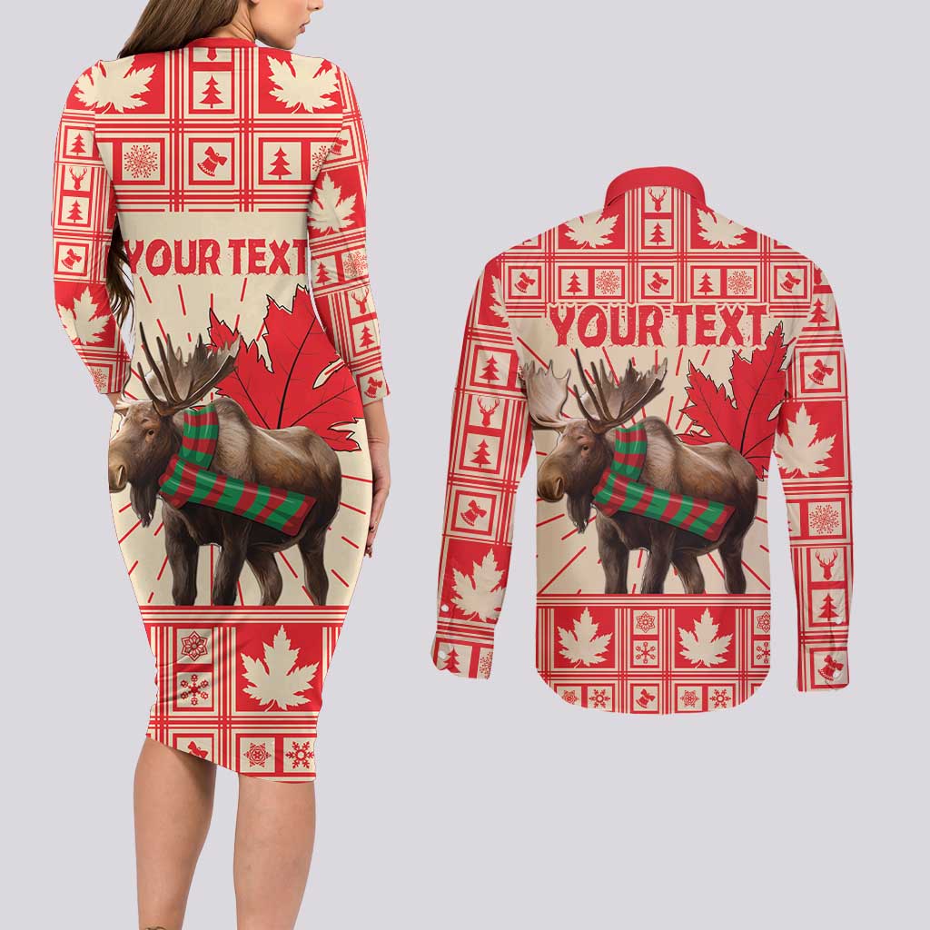 Personalized Canada Moose Couples Matching Long Sleeve Bodycon Dress and Long Sleeve Button Shirt Maple Leaf Christmas Lightning Art - Wonder Print Shop