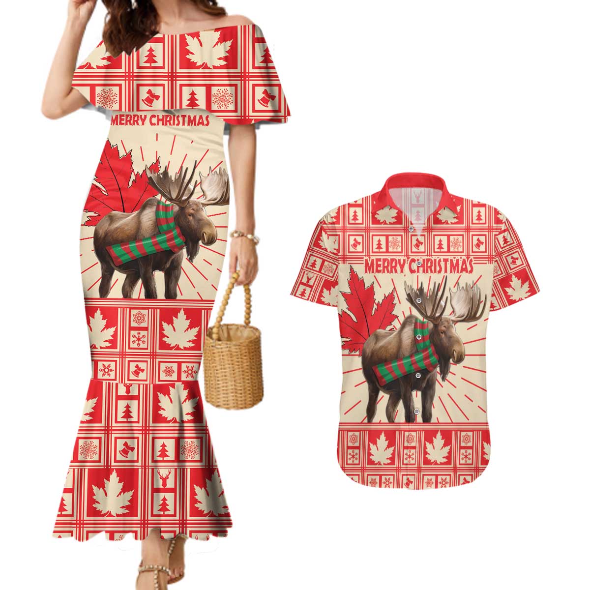 Personalized Canada Moose Couples Matching Mermaid Dress and Hawaiian Shirt Maple Leaf Christmas Lightning Art - Wonder Print Shop