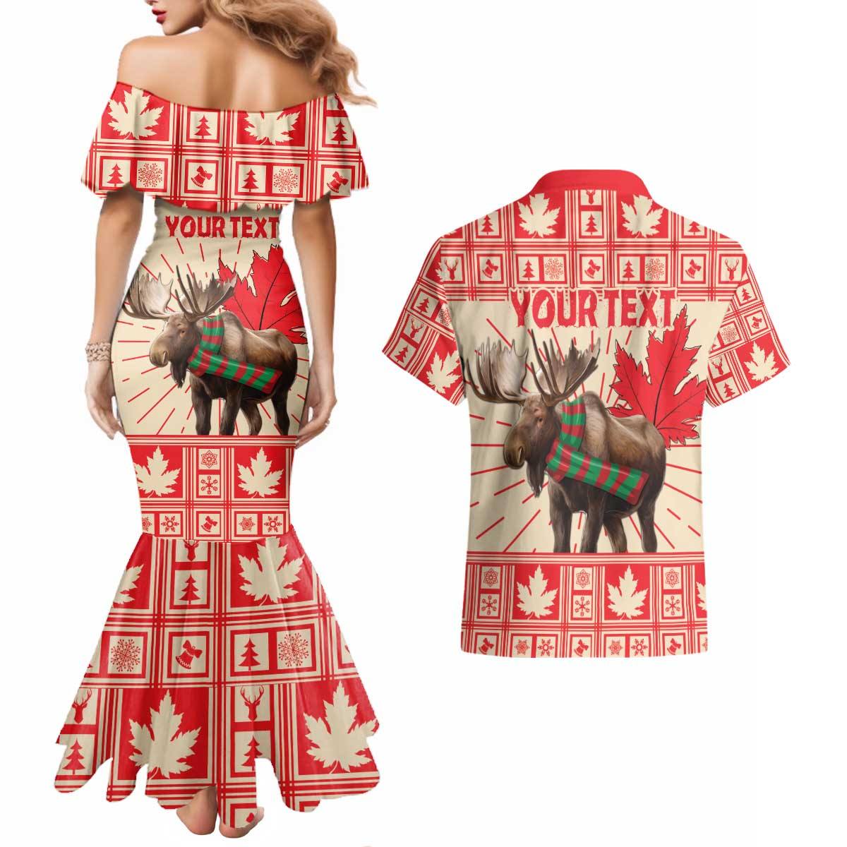 Personalized Canada Moose Couples Matching Mermaid Dress and Hawaiian Shirt Maple Leaf Christmas Lightning Art - Wonder Print Shop