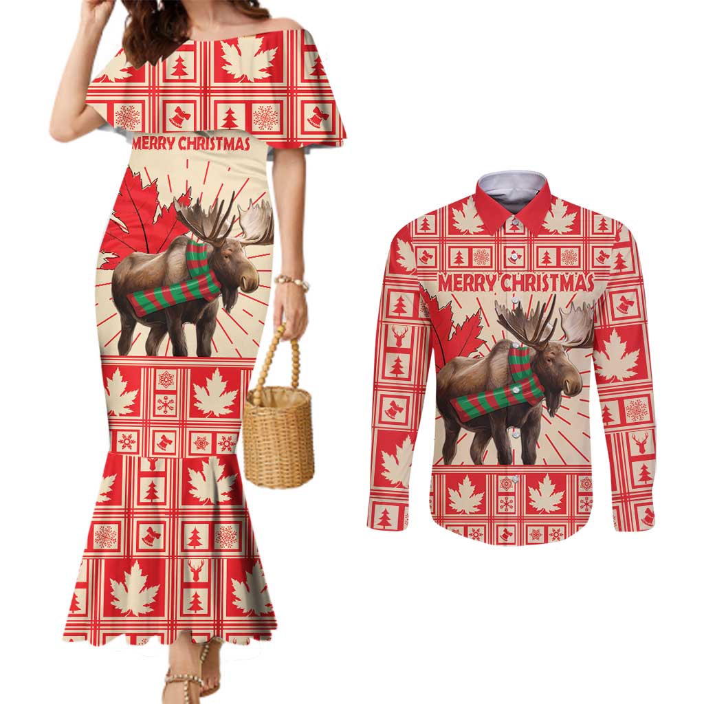 Personalized Canada Moose Couples Matching Mermaid Dress and Long Sleeve Button Shirt Maple Leaf Christmas Lightning Art