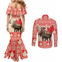 Personalized Canada Moose Couples Matching Mermaid Dress and Long Sleeve Button Shirt Maple Leaf Christmas Lightning Art