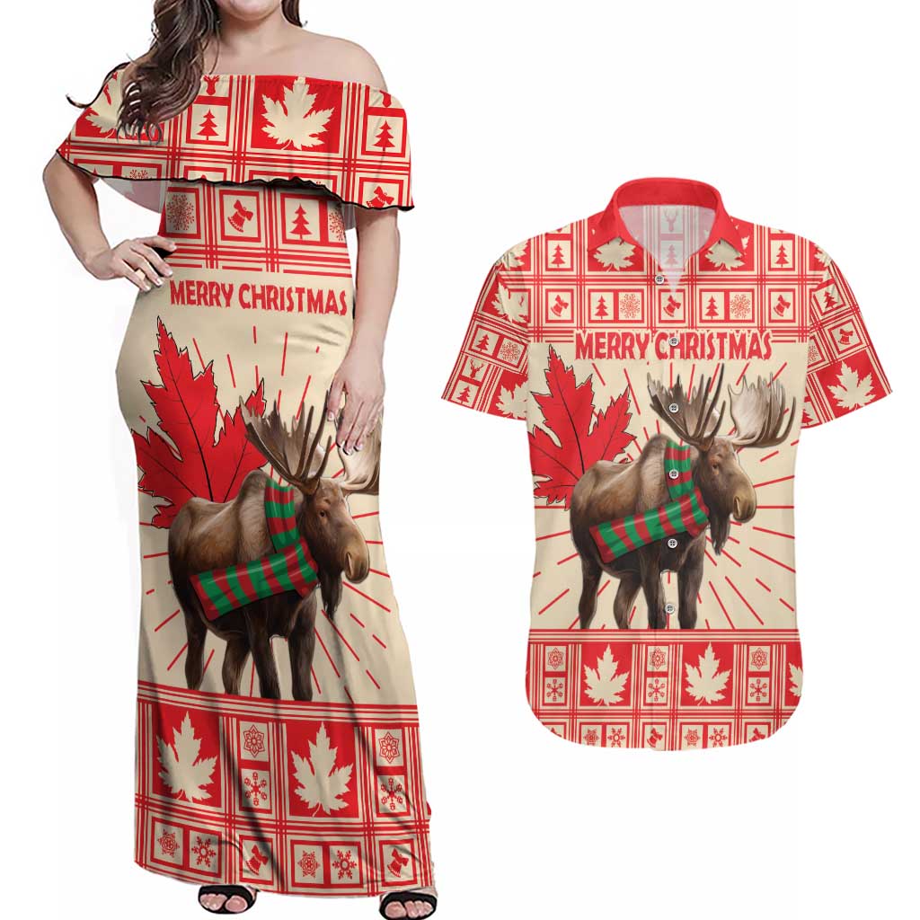 Personalized Canada Moose Couples Matching Off Shoulder Maxi Dress and Hawaiian Shirt Maple Leaf Christmas Lightning Art - Wonder Print Shop