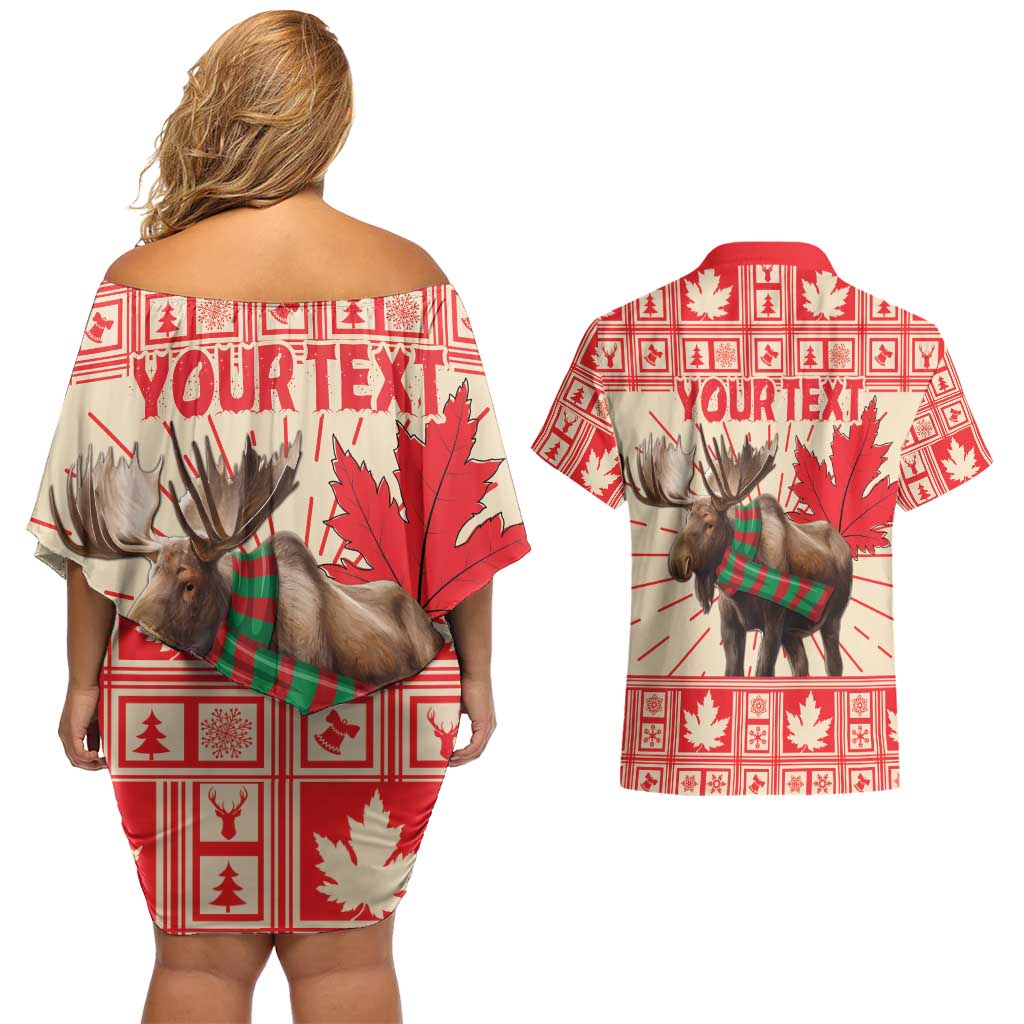 Personalized Canada Moose Couples Matching Off Shoulder Short Dress and Hawaiian Shirt Maple Leaf Christmas Lightning Art - Wonder Print Shop