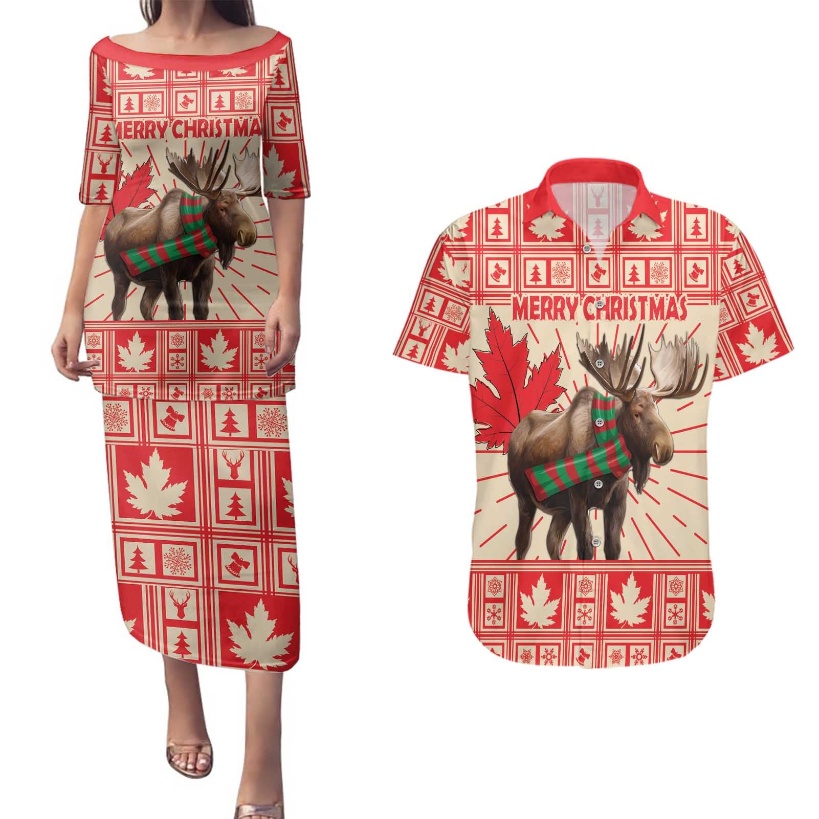 Personalized Canada Moose Couples Matching Puletasi and Hawaiian Shirt Maple Leaf Christmas Lightning Art - Wonder Print Shop