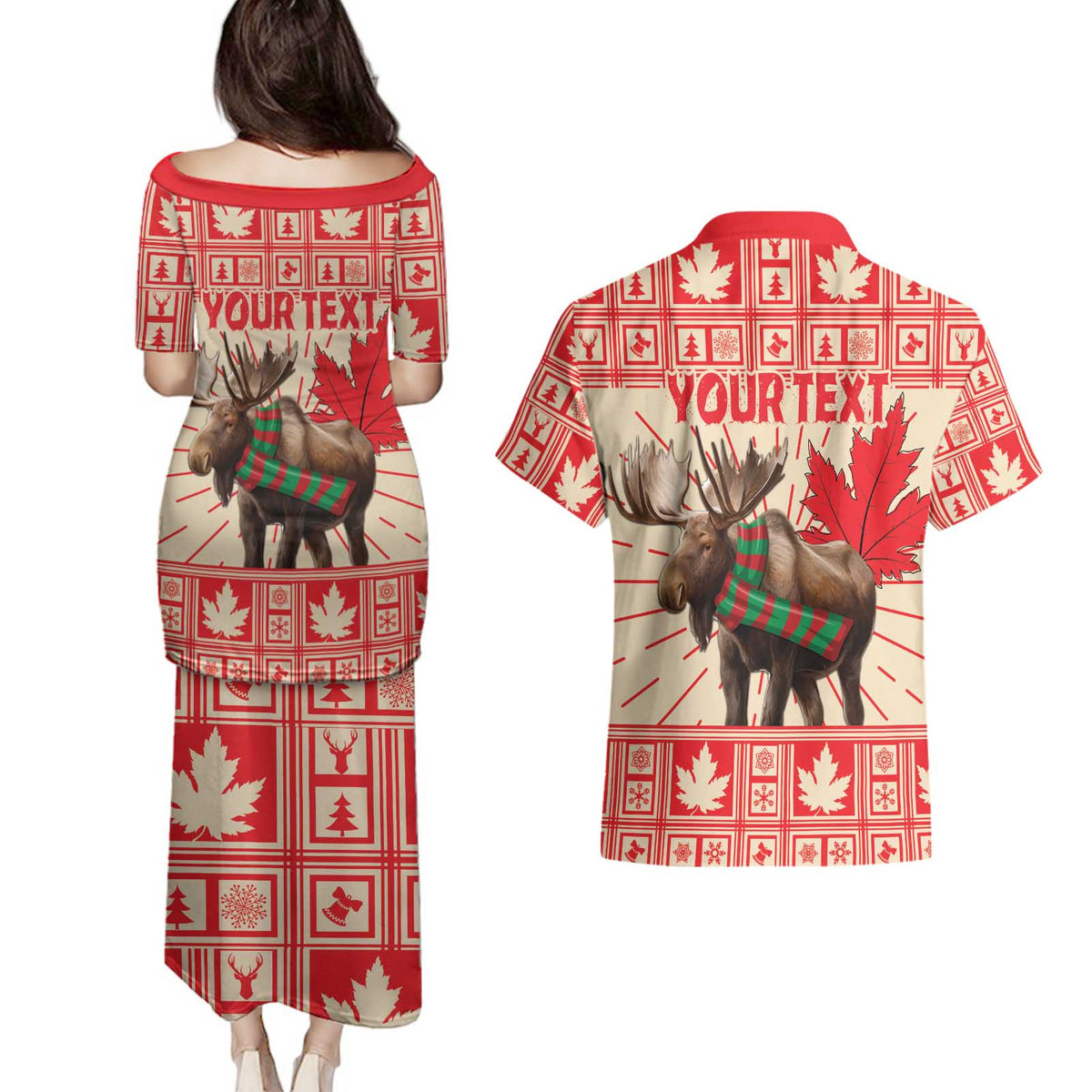 Personalized Canada Moose Couples Matching Puletasi and Hawaiian Shirt Maple Leaf Christmas Lightning Art - Wonder Print Shop
