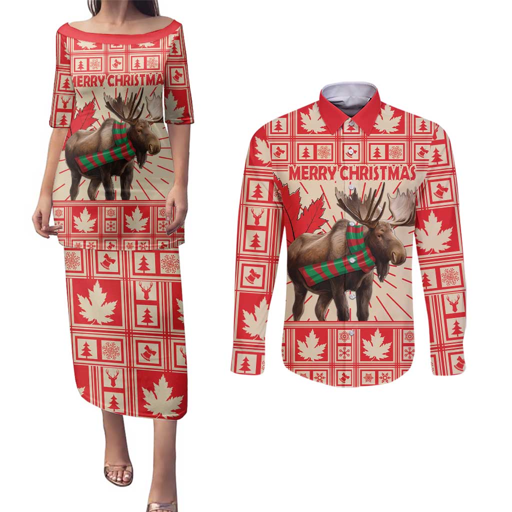 Personalized Canada Moose Couples Matching Puletasi and Long Sleeve Button Shirt Maple Leaf Christmas Lightning Art - Wonder Print Shop