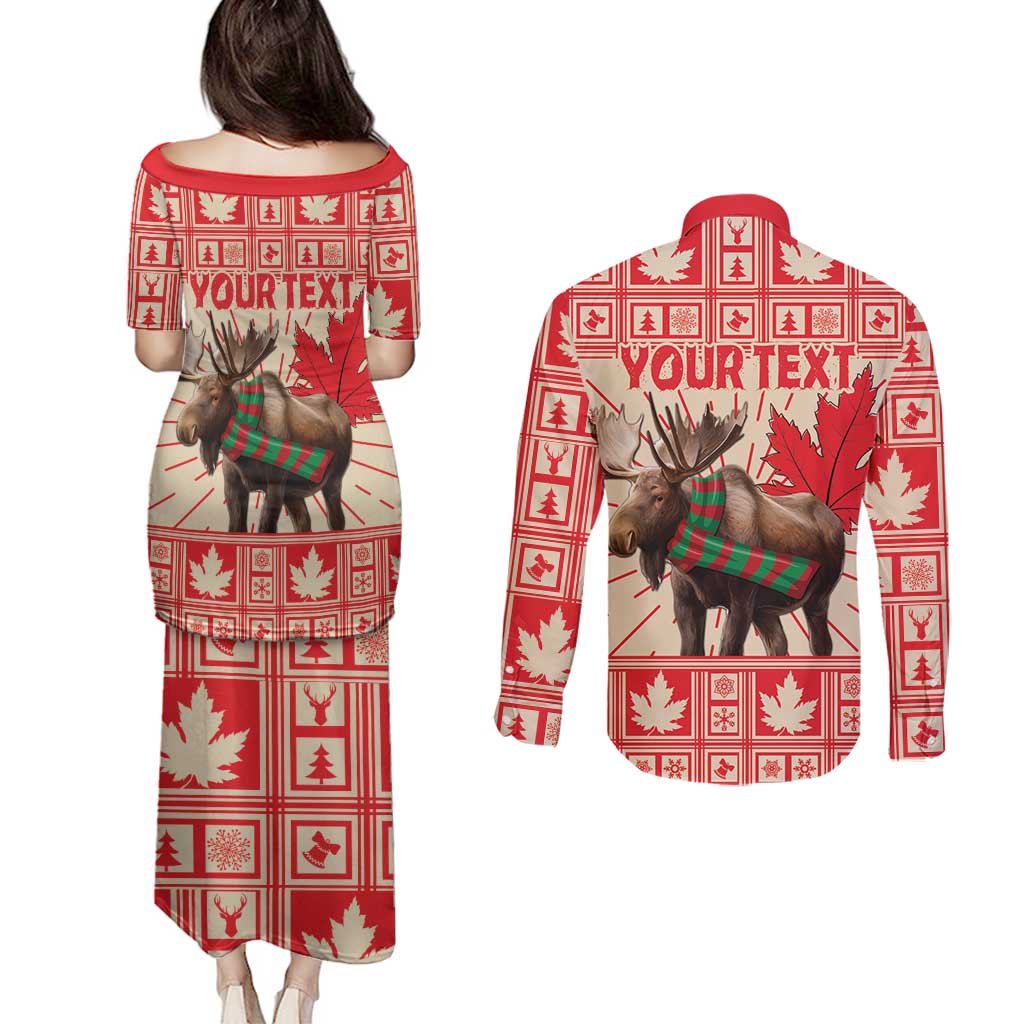 Personalized Canada Moose Couples Matching Puletasi and Long Sleeve Button Shirt Maple Leaf Christmas Lightning Art - Wonder Print Shop