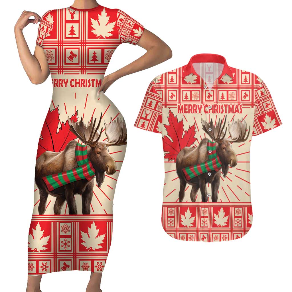Personalized Canada Moose Couples Matching Short Sleeve Bodycon Dress and Hawaiian Shirt Maple Leaf Christmas Lightning Art - Wonder Print Shop