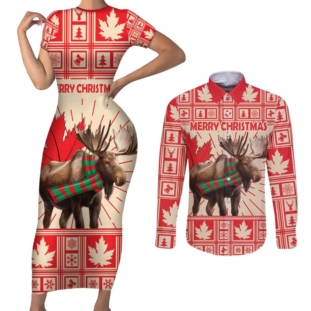 Personalized Canada Moose Couples Matching Short Sleeve Bodycon Dress and Long Sleeve Button Shirt Maple Leaf Christmas Lightning Art - Wonder Print Shop