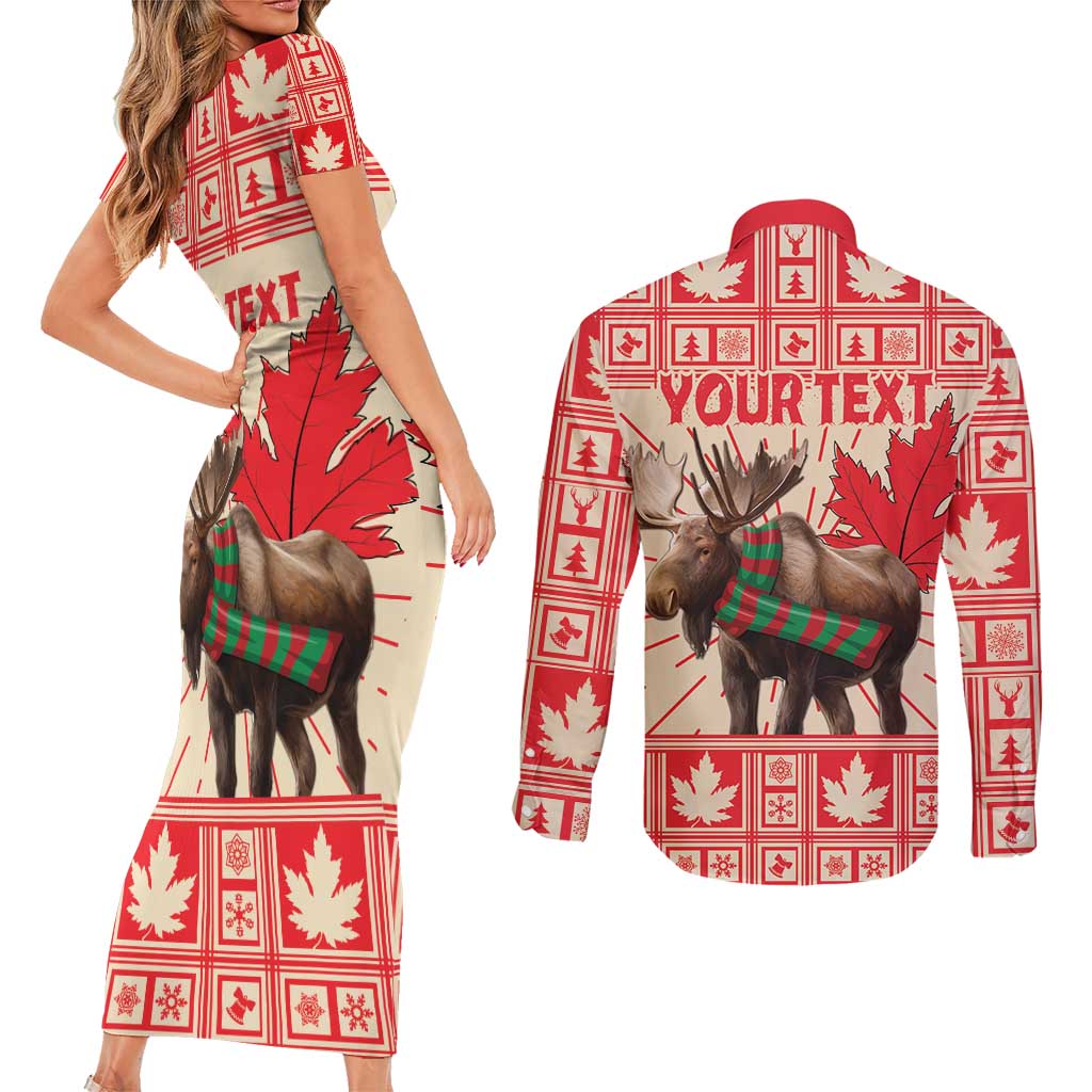 Personalized Canada Moose Couples Matching Short Sleeve Bodycon Dress and Long Sleeve Button Shirt Maple Leaf Christmas Lightning Art - Wonder Print Shop
