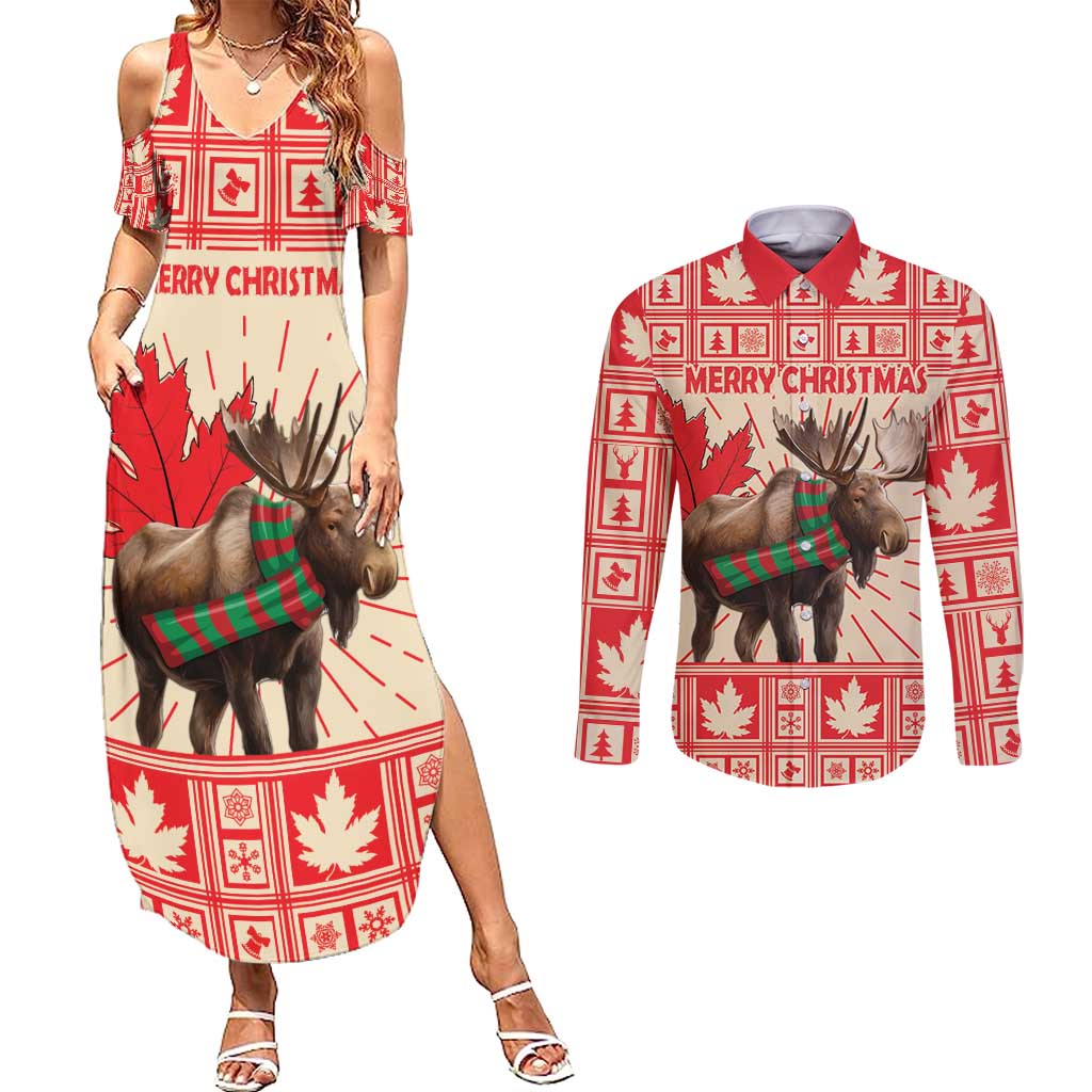 Personalized Canada Moose Couples Matching Summer Maxi Dress and Long Sleeve Button Shirt Maple Leaf Christmas Lightning Art - Wonder Print Shop