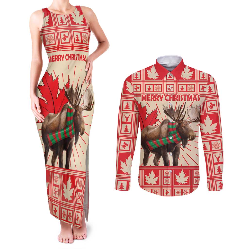 Personalized Canada Moose Couples Matching Tank Maxi Dress and Long Sleeve Button Shirt Maple Leaf Christmas Lightning Art - Wonder Print Shop