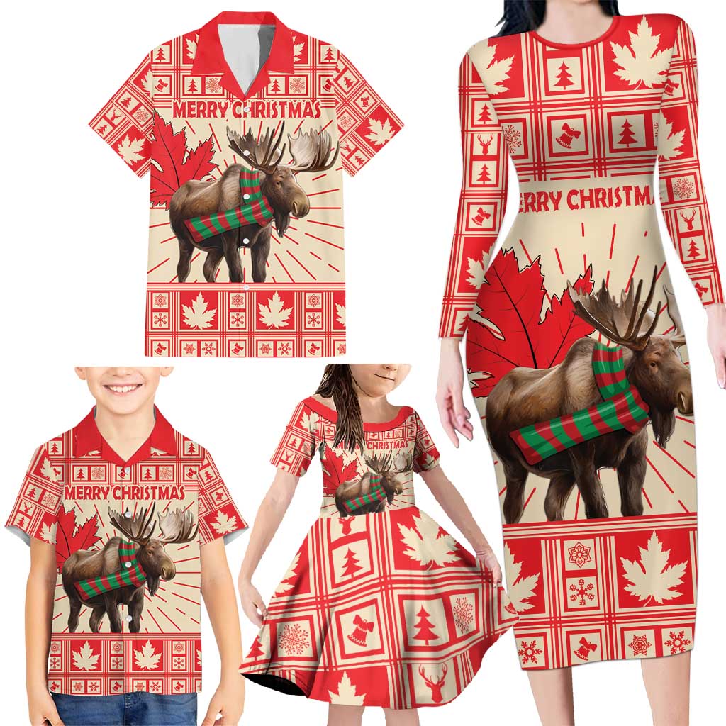 Personalized Canada Moose Family Matching Long Sleeve Bodycon Dress and Hawaiian Shirt Maple Leaf Christmas Lightning Art - Wonder Print Shop