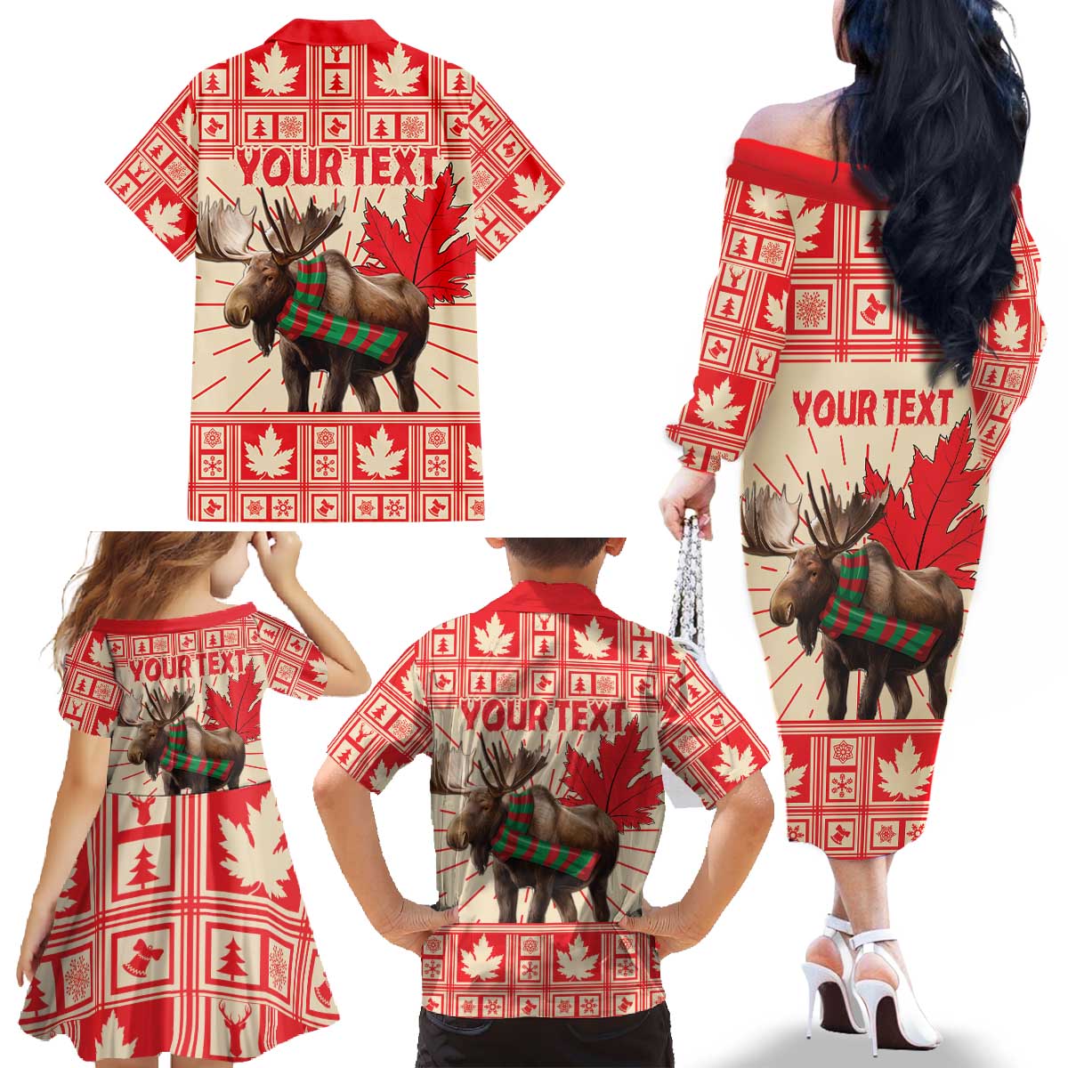 Personalized Canada Moose Family Matching Off The Shoulder Long Sleeve Dress and Hawaiian Shirt Maple Leaf Christmas Lightning Art - Wonder Print Shop