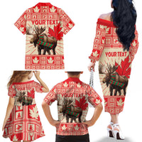 Personalized Canada Moose Family Matching Off The Shoulder Long Sleeve Dress and Hawaiian Shirt Maple Leaf Christmas Lightning Art - Wonder Print Shop