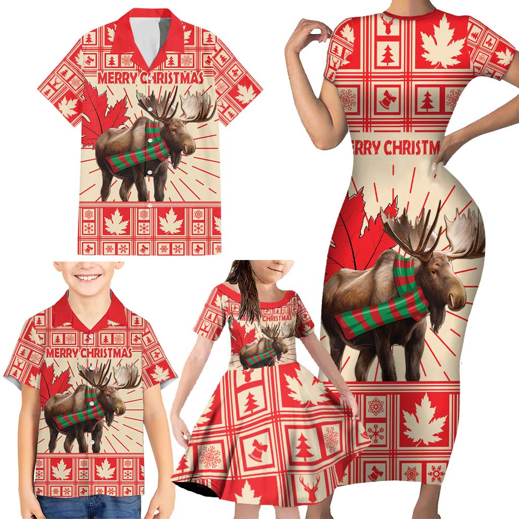 Personalized Canada Moose Family Matching Short Sleeve Bodycon Dress and Hawaiian Shirt Maple Leaf Christmas Lightning Art - Wonder Print Shop