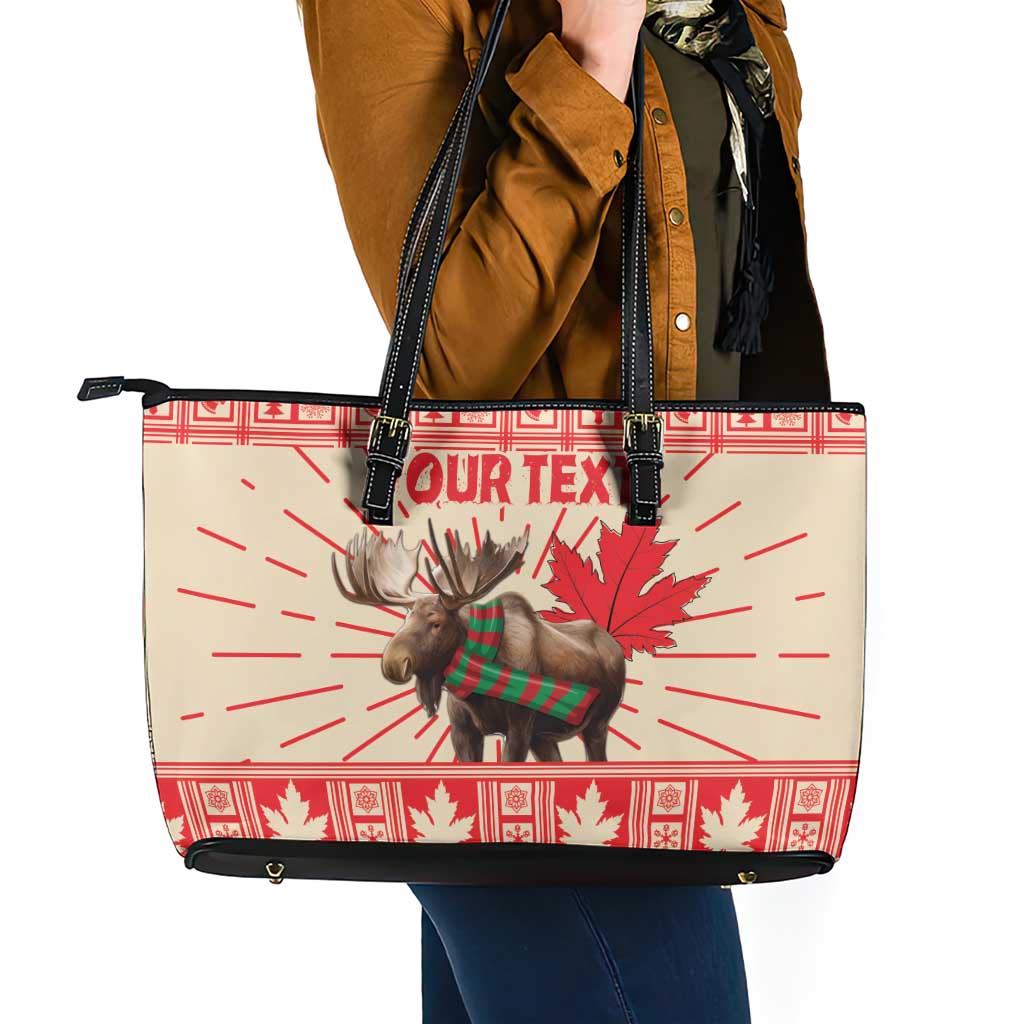 Personalized Canada Moose Leather Tote Bag Maple Leaf Christmas Lightning Art - Wonder Print Shop