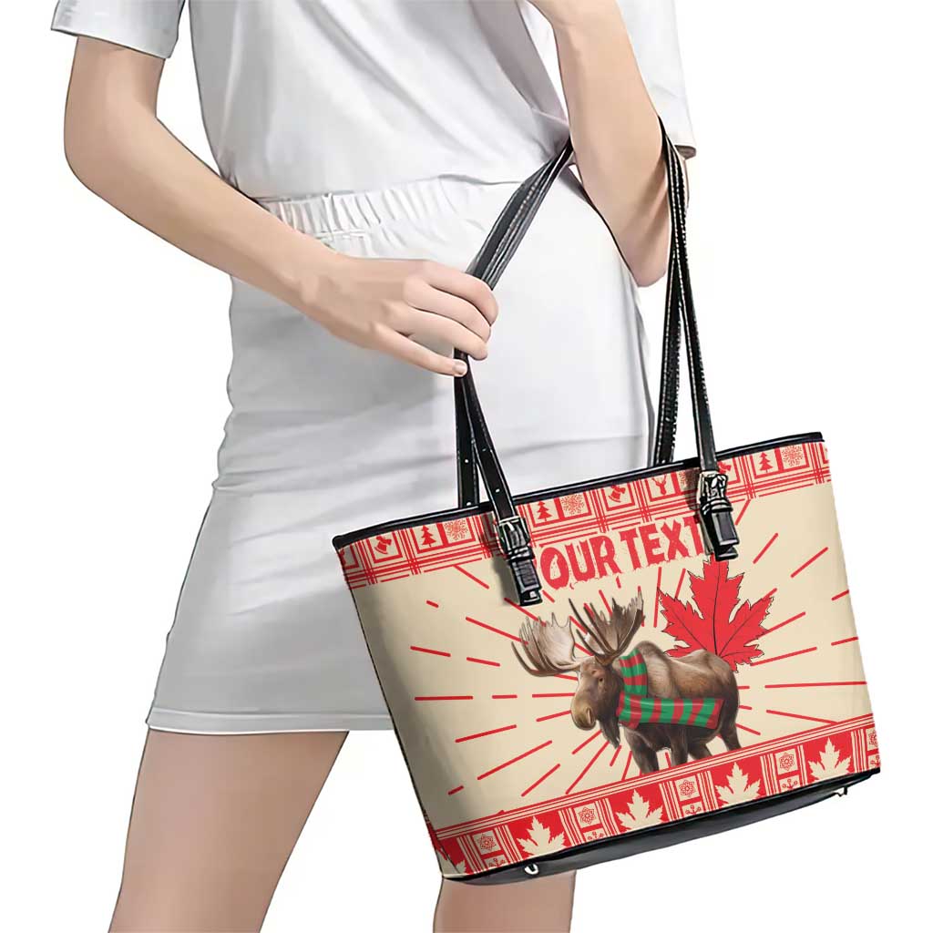 Personalized Canada Moose Leather Tote Bag Maple Leaf Christmas Lightning Art - Wonder Print Shop