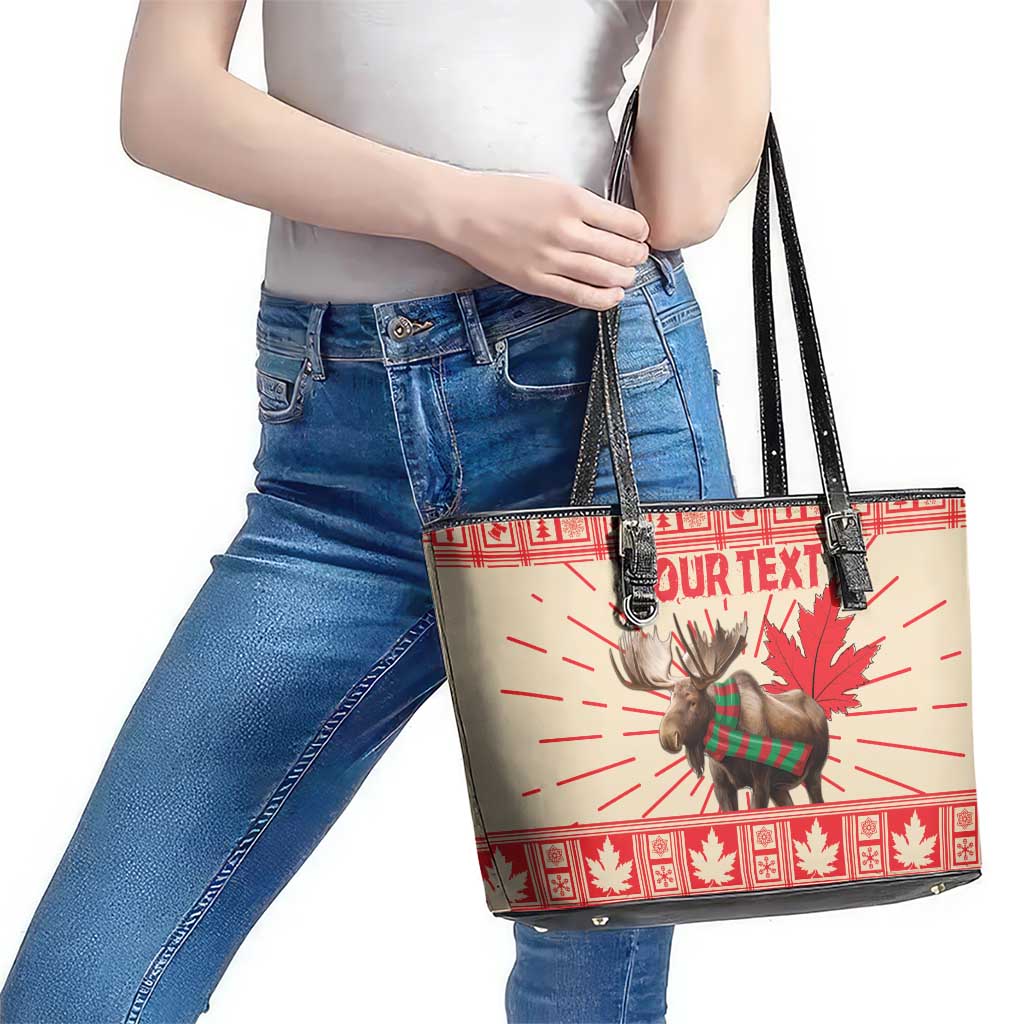Personalized Canada Moose Leather Tote Bag Maple Leaf Christmas Lightning Art - Wonder Print Shop