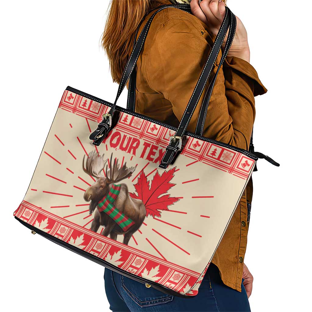 Personalized Canada Moose Leather Tote Bag Maple Leaf Christmas Lightning Art - Wonder Print Shop