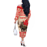 Personalized Canada Moose Off The Shoulder Long Sleeve Dress Maple Leaf Christmas Lightning Art - Wonder Print Shop