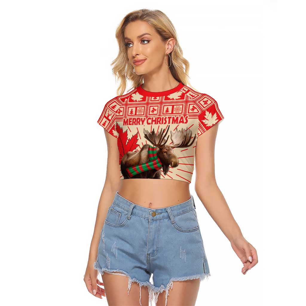 Personalized Canada Moose Raglan Cropped T Shirt Maple Leaf Christmas Lightning Art - Wonder Print Shop