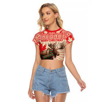 Personalized Canada Moose Raglan Cropped T Shirt Maple Leaf Christmas Lightning Art - Wonder Print Shop