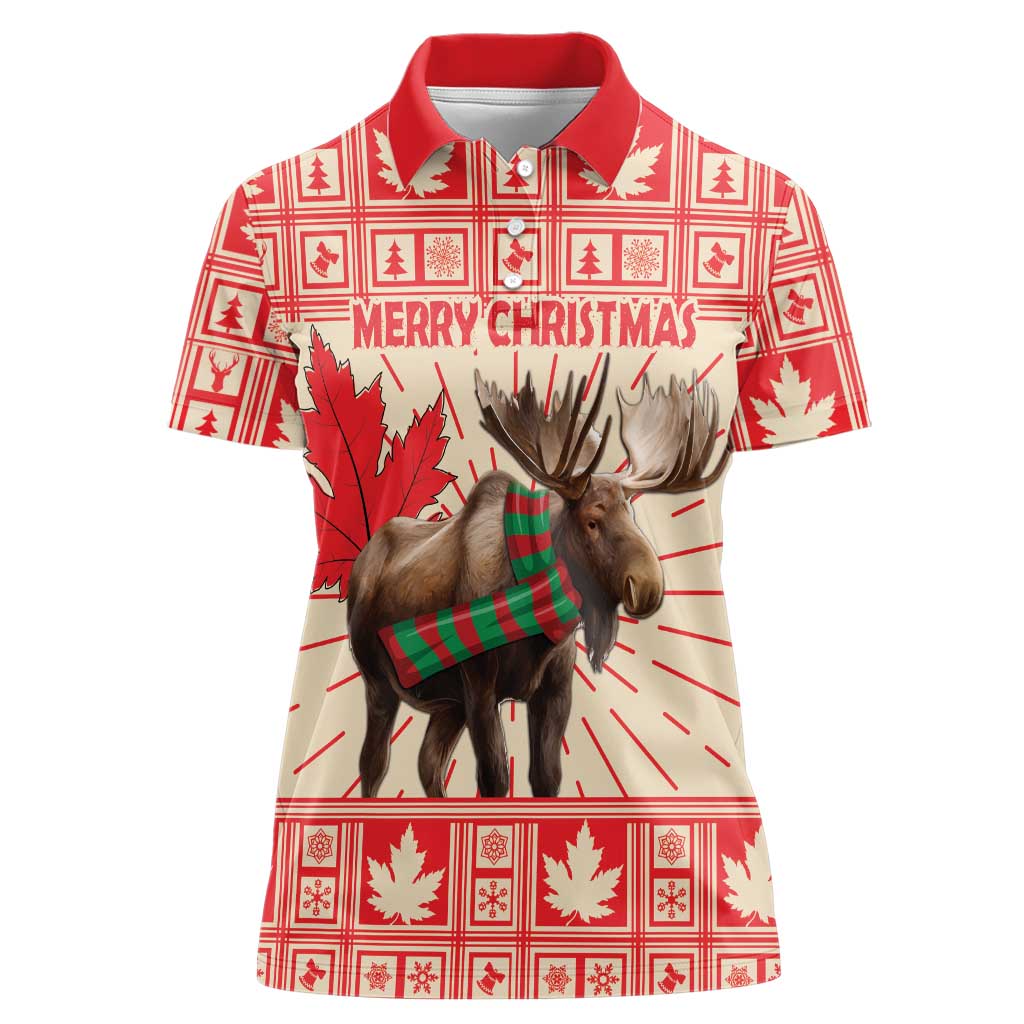 Personalized Canada Moose Women Polo Shirt Maple Leaf Christmas Lightning Art - Wonder Print Shop