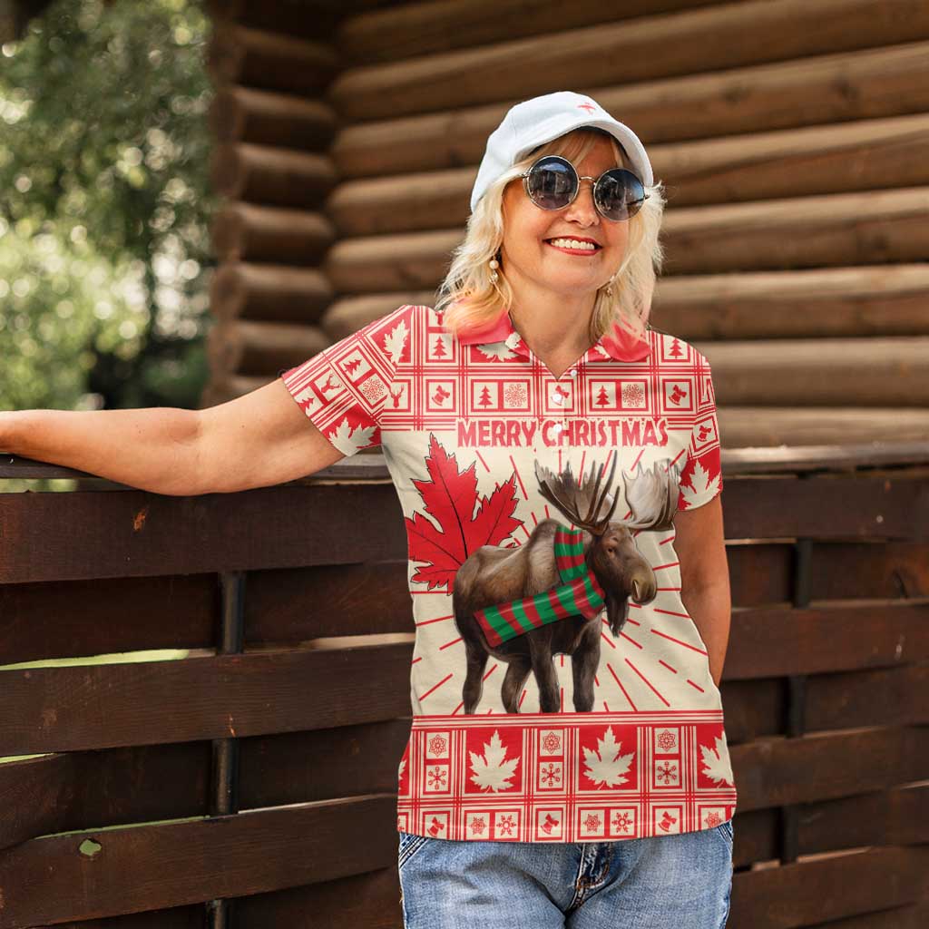 Personalized Canada Moose Women Polo Shirt Maple Leaf Christmas Lightning Art - Wonder Print Shop