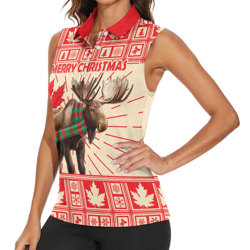 Personalized Canada Moose Women Sleeveless Polo Shirt Maple Leaf Christmas Lightning Art - Wonder Print Shop