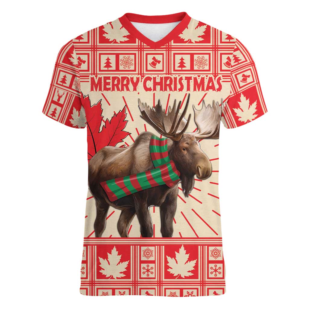 Personalized Canada Moose Women V-Neck T-Shirt Maple Leaf Christmas Lightning Art - Wonder Print Shop