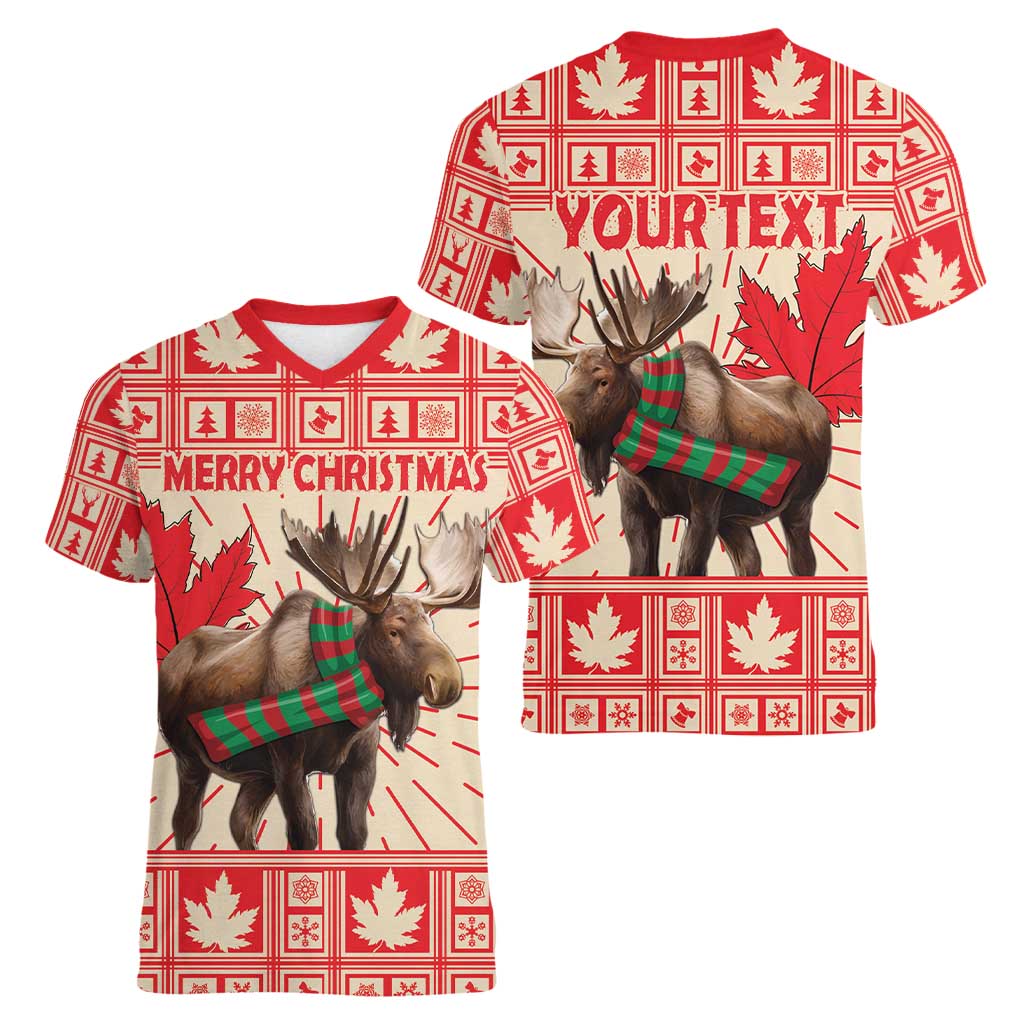 Personalized Canada Moose Women V-Neck T-Shirt Maple Leaf Christmas Lightning Art - Wonder Print Shop