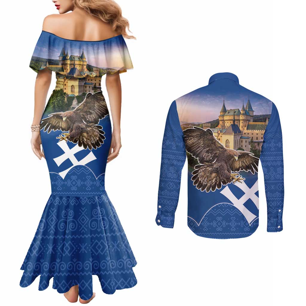 Slovakia Bojnice Castle Couples Matching Mermaid Dress and Long Sleeve Button Shirt Golden Eagle With Slovak Pattern