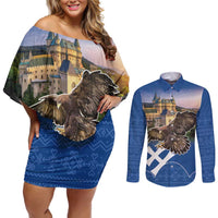 Slovakia Bojnice Castle Couples Matching Off Shoulder Short Dress and Long Sleeve Button Shirt Golden Eagle With Slovak Pattern - Wonder Print Shop