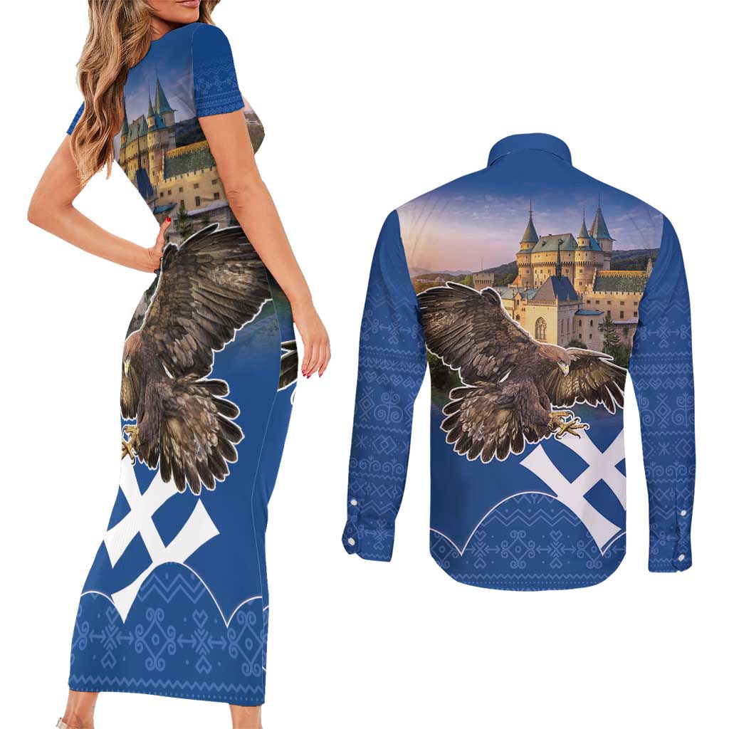 Slovakia Bojnice Castle Couples Matching Short Sleeve Bodycon Dress and Long Sleeve Button Shirt Golden Eagle With Slovak Pattern - Wonder Print Shop