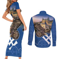 Slovakia Bojnice Castle Couples Matching Short Sleeve Bodycon Dress and Long Sleeve Button Shirt Golden Eagle With Slovak Pattern - Wonder Print Shop