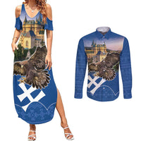 Slovakia Bojnice Castle Couples Matching Summer Maxi Dress and Long Sleeve Button Shirt Golden Eagle With Slovak Pattern - Wonder Print Shop