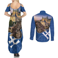 Slovakia Bojnice Castle Couples Matching Summer Maxi Dress and Long Sleeve Button Shirt Golden Eagle With Slovak Pattern - Wonder Print Shop