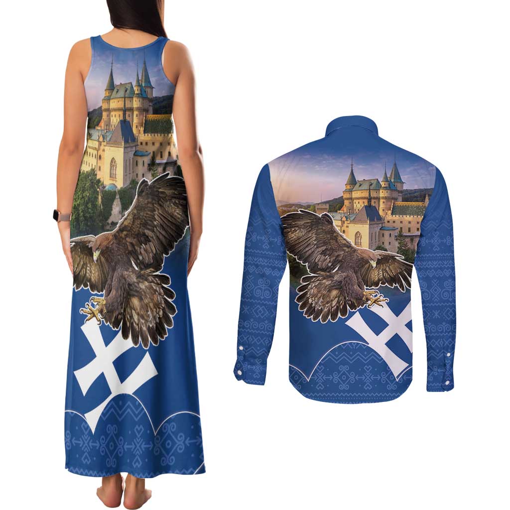 Slovakia Bojnice Castle Couples Matching Tank Maxi Dress and Long Sleeve Button Shirt Golden Eagle With Slovak Pattern - Wonder Print Shop