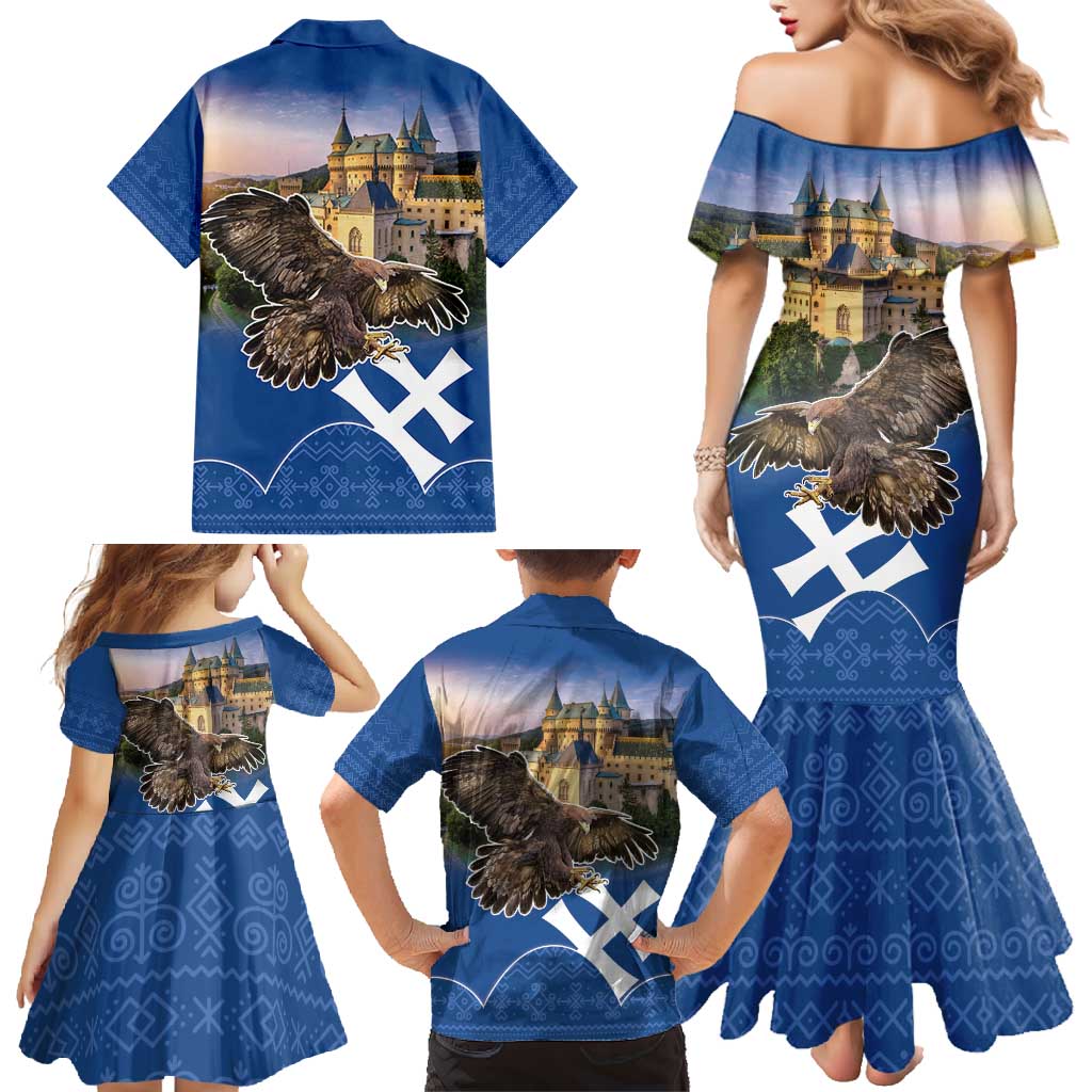Slovakia Bojnice Castle Family Matching Mermaid Dress and Hawaiian Shirt Golden Eagle With Slovak Pattern - Wonder Print Shop