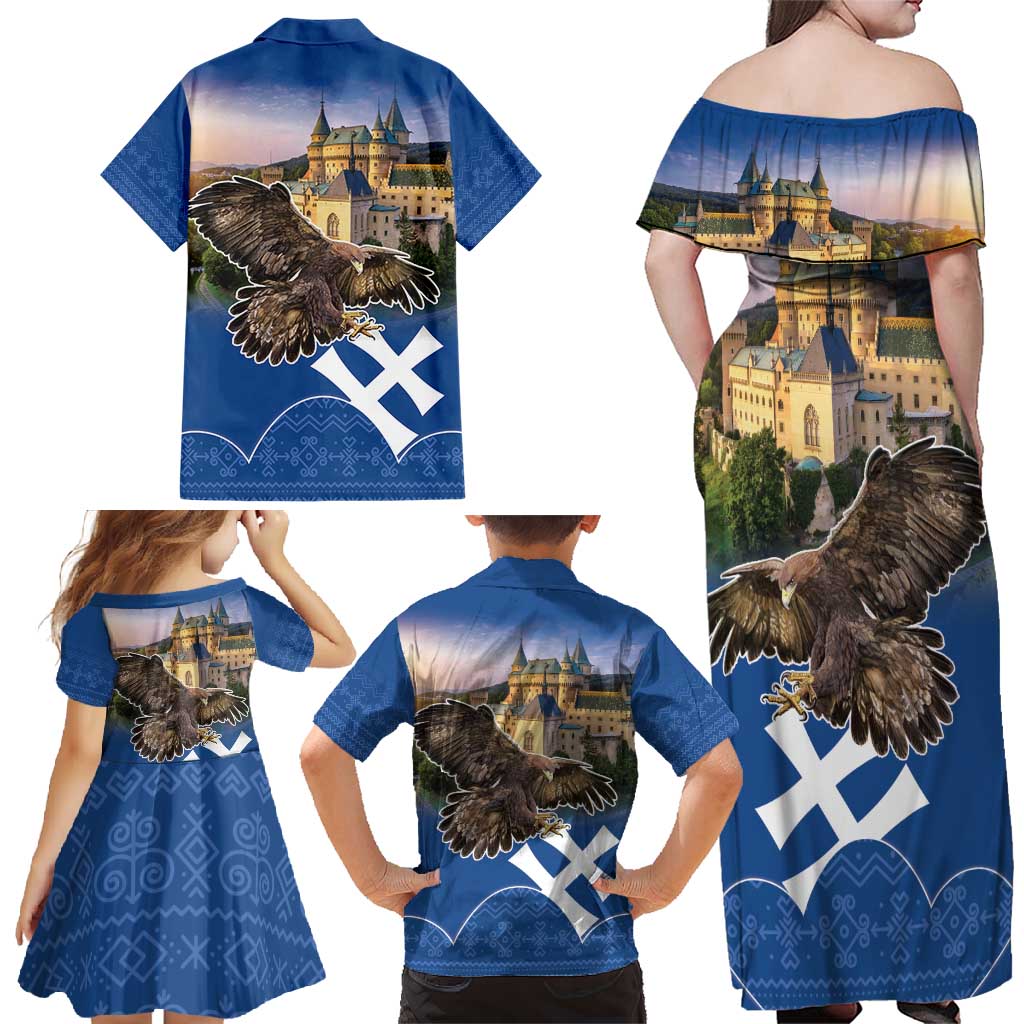 Slovakia Bojnice Castle Family Matching Off Shoulder Maxi Dress and Hawaiian Shirt Golden Eagle With Slovak Pattern - Wonder Print Shop
