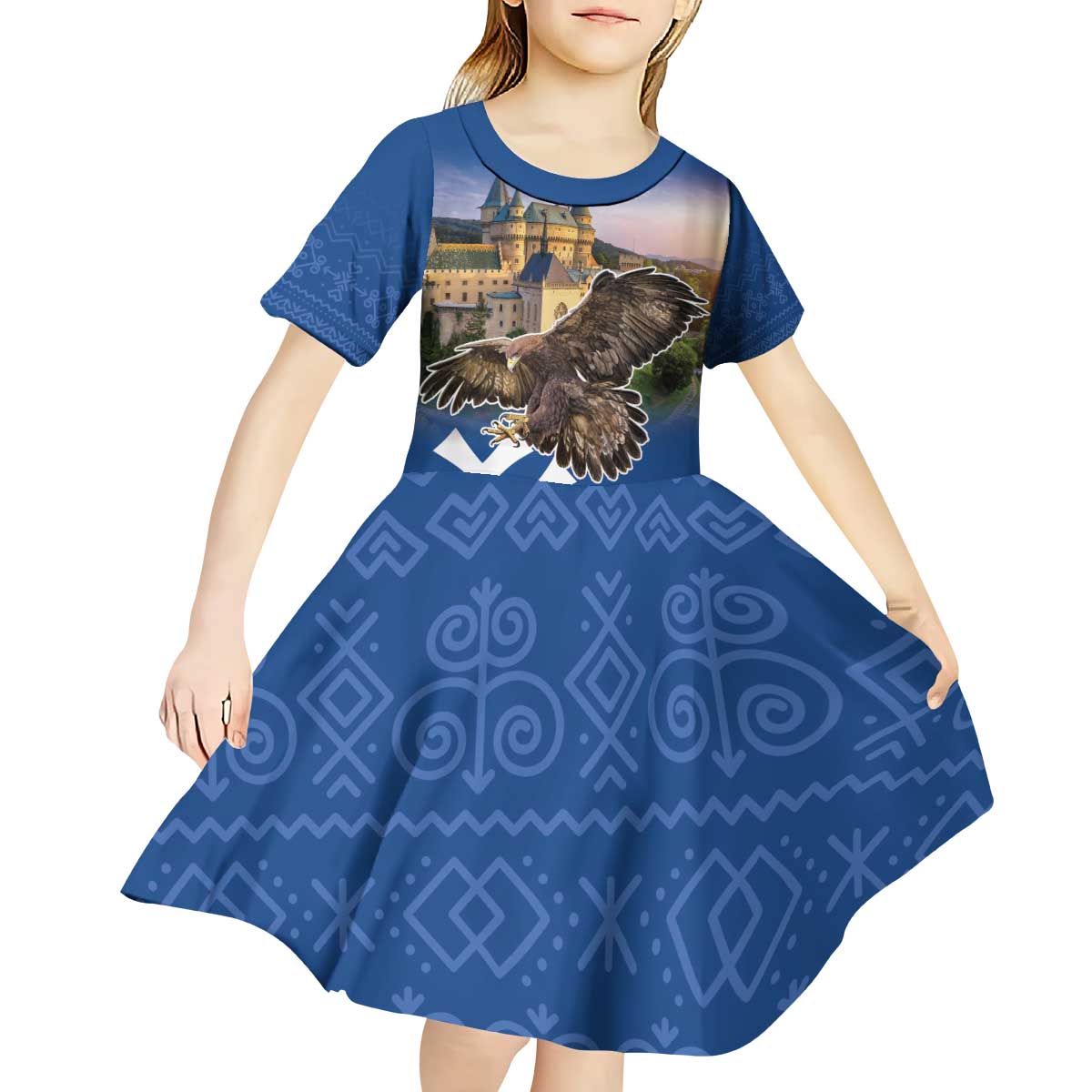 Slovakia Bojnice Castle Kid Short Sleeve Dress Golden Eagle With Slovak Pattern - Wonder Print Shop