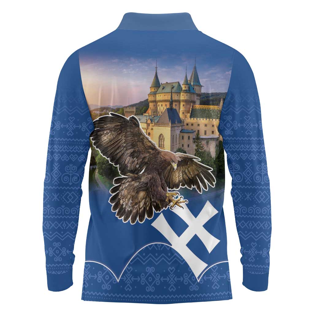 Slovakia Bojnice Castle Long Sleeve Polo Shirt Golden Eagle With Slovak Pattern - Wonder Print Shop